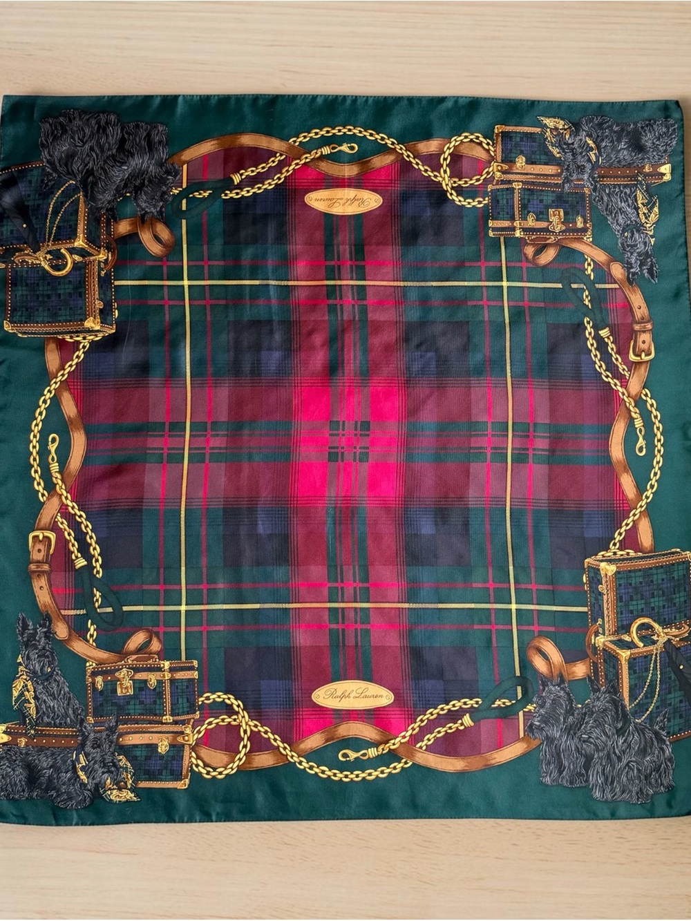 RARE Vintage Ralph Lauren Scottie Dog Silk Scarf Hand Rolled Plaid/Tartan 90’s